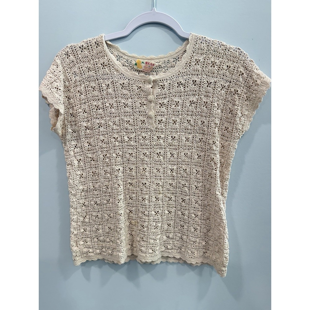 Vintage Cream Crochet Top XL Floral Short Sleeve Button Front Retro Cottagecore